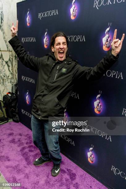Anthrax bass player Frank Bello attends the Broadway Opening Night Performance of "Rocktopia" at Broadway Theatre on March 27, 2018 in New York City.