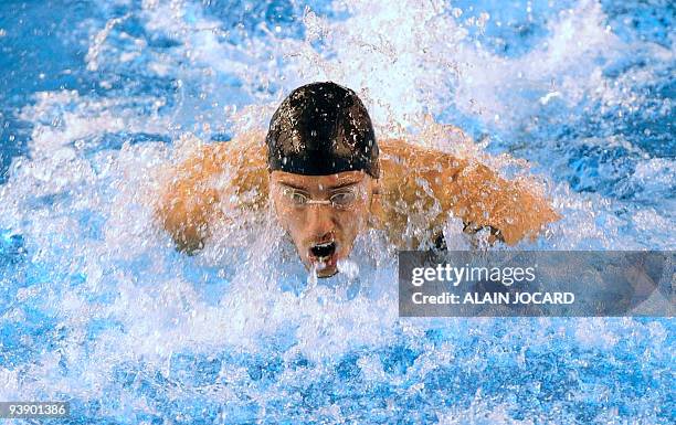 French athlete Frederick Bousquet competes during the 100 butterfly series of the France national short course championship on December 4, 2009 in...