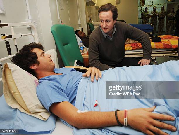 Conservative Party leader David Cameron meets Lance Sergeant Nathan Owen from County Durham who was injured by two RPG blasts who was shot in the...