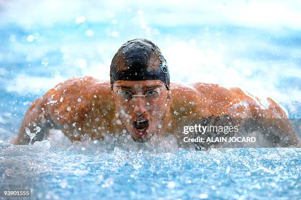 French athlete Frederick Bousquet competes during the 100 butterfly series of the France national short course championship on December 4, 2009 in...