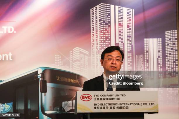 Wang Chuanfu, founder and chairman of BYD Co., speaks during a news conference in Hong Kong, China, on Wednesday, March 28, 2018. Shares of BYD Co....