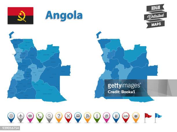 angola - high detailed map with gps icon collection - angola flag stock illustrations