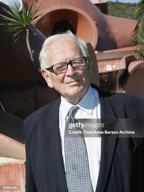 Designer Pierre Cardin poses at the Pierre Cardin fashion show at the Palais Bulle on October 6, 2008 in Theoule-sur-Mer, France.