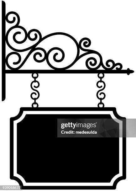 ilustraciones, imágenes clip art, dibujos animados e iconos de stock de art nouveau cartel señal metal hierro forjado símbolo bandera - hierro forjado