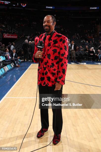 Walt Frazier is seen before the game between the Chicago Bulls and the New York Knicks on March 19, 2018 at Madison Square Garden in New York City,...