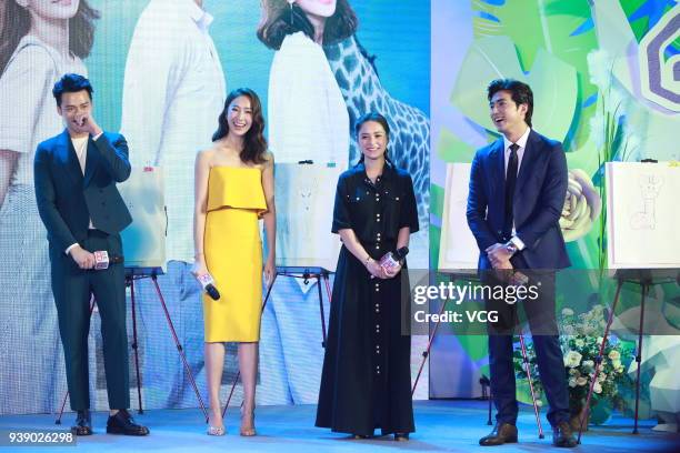 Actress Sonia Sui Tang, actress and singer Gillian Chung and actor Mike He attend the press conference of TV series 'Tree in the River' on March 27,...