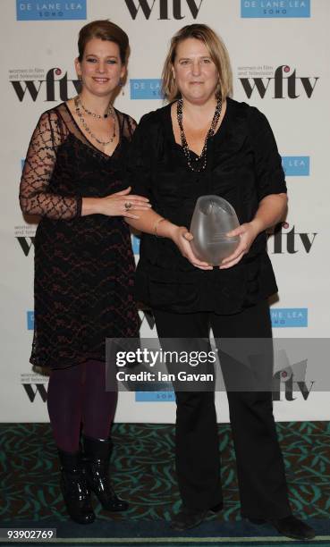 Kerry Fox presents Caroline Hewitt with her Commercial Project Management Award at the Women In Film And TV Awards at London Hilton on December 4,...