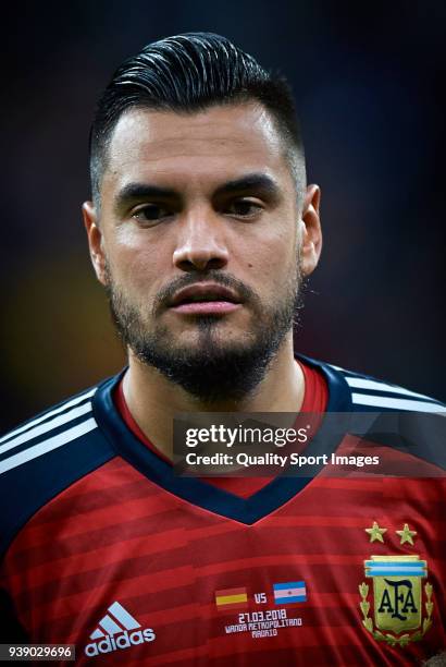 Sergio Romero of Argentina looks on prior the International friendly match between Spain and Argentina at Metropolitano Stadium on March 27, 2018 in...