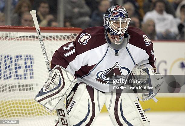 Peter Budaj of the Colorado Avalanche protects the goal against the Pittsburgh Penguins at Mellon Arena on December 3, 2009 in Pittsburgh,...