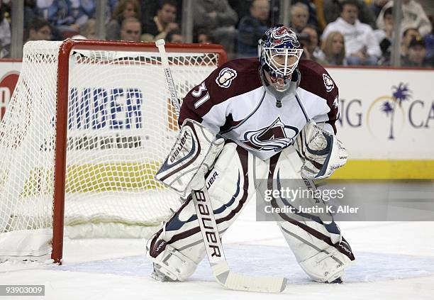 Peter Budaj of the Colorado Avalanche protects the goal against the Pittsburgh Penguins at Mellon Arena on December 3, 2009 in Pittsburgh,...