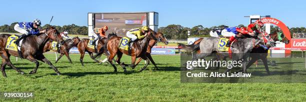 Miss Norway ridden by Chris Caserta wins the Spicer Thoroughbreds Handicap at Ladbrokes Park Hillside Racecourse on March 28, 2018 in Springvale,...