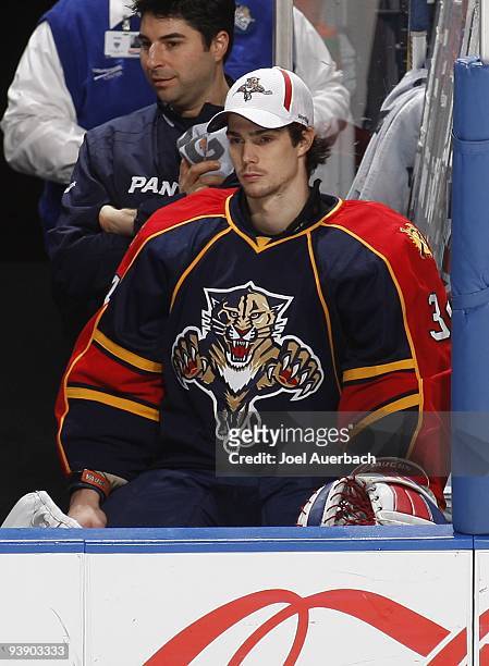 Goaltender Alexander Salak of the Florida Panthers watches game action against the Colorado Avalanche on December 2, 2009 at the BankAtlantic Center...