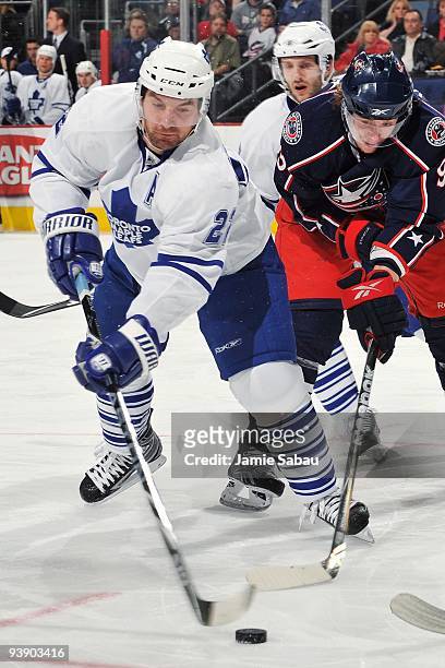 Defenseman Francois Beauchemin of the Toronto Maple Leafs skates with the puck against the Columbus Blue Jackets on December 3, 2009 at Nationwide...
