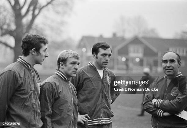 British soccer players John Radford, Francis Lee, and Jeff Astle and manager Alf Ramsey training with England national football team, UK, 10th...