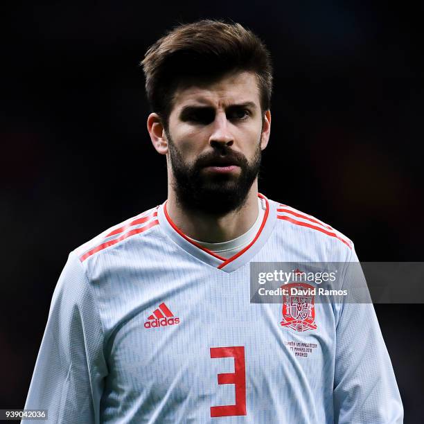 Gerard Pique of Spain looks on during an International friendly match between Spain and Argentina at the Wanda Metropolitano stadium on March 27,...