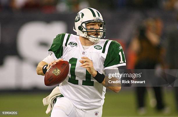 Quarterback Kellen Clemens of the New York Jets rolls out to pass against the Buffalo Bills at Rogers Centre on December 3, 2009 in Toronto, Canada....