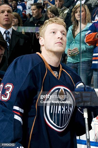 Ales Hemsky of the Edmonton Oilers stands for the anthems before a game against the Colorado Avalanche at Rexall Place on November 18, 2009 in...
