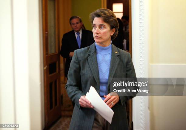 Sen. Blanche Lincoln and Sen. Robert Menendez arrive for a news conference December 4, 2009 on Capitol Hill in Washington, DC. Sen. Lincoln held a...