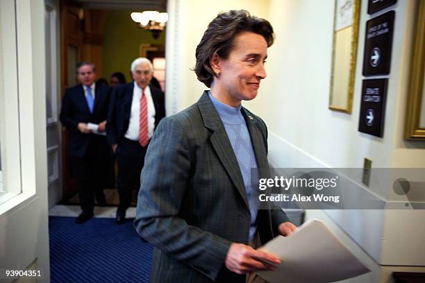 Sen. Blanche Lincoln arrives with Sen. Frank Lautenberg and Sen. Robert Menendez for a news conference December 4, 2009 on Capitol Hill in...