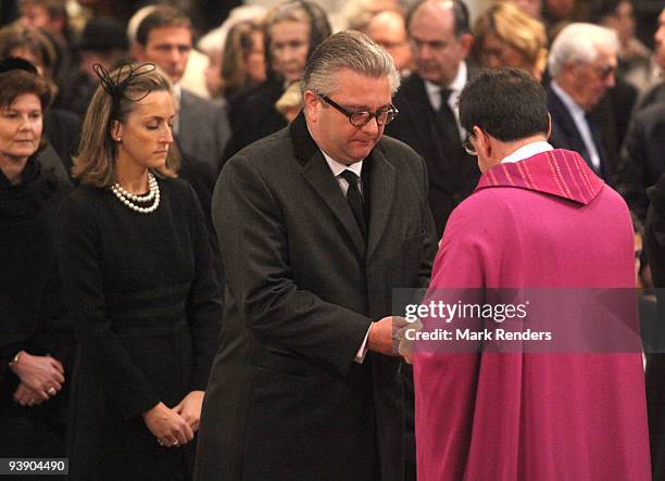 Princess Claire and Prince Laurent of Belgium attend the funeral of Prince Alexandre of Belgium at Eglise Notre-Dame de Laeken on December 4, 2009 in...