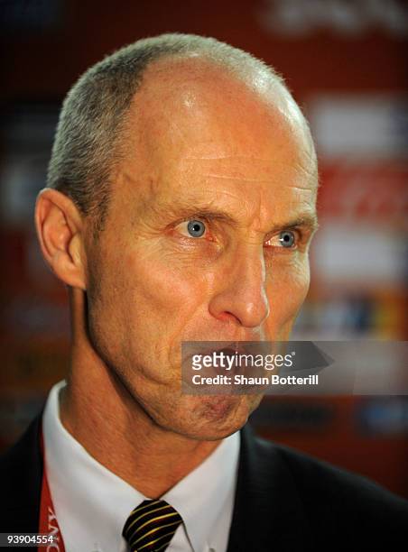 Coach Bob Bradley speaks after the Final Draw for the FIFA World Cup 2010 December 4, 2009 at the International Convention Centre in Cape Town, South...