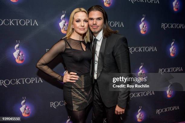 Dustin Brayley and wife attend the Broadway opening night performance after party of "Rocktopia" at The Hard Rock Cafe on March 27, 2018 in New York...