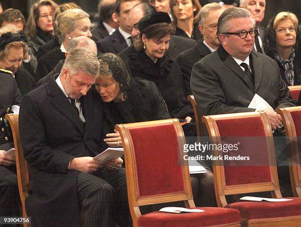 Prince Philippe of Belgium, Princess Mathilde of Belgium and Prince Laurent of Belgium attend the funeral of Prince Alexandre of Belgium at Eglise...