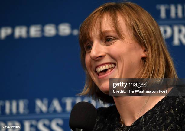 Five-Time Olympic Gold Medalist Katie Ledecky answers questions during a NPC Headliners Luncheon at the National Press Club on Monday, March 26,...