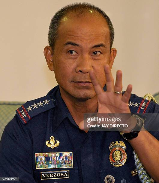 Philippine National Police Chief Jesus Verzosa talks to the media regarding operations conducted in Shariff Aguak, Maguindanao, southern Philippines,...
