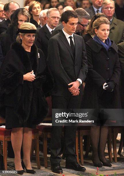 Princess Leah of Belgium and Renaud Bichara and Laetitia Bichara attend the funeral of Prince Alexandre of Belgium at Eglise Notre-Dame de Laeken on...