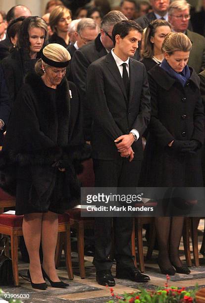 Princess Leah of Belgium and Renaud Bichara and Laetitia Bichara attend the funeral of Prince Alexandre of Belgium at Eglise Notre-Dame de Laeken on...