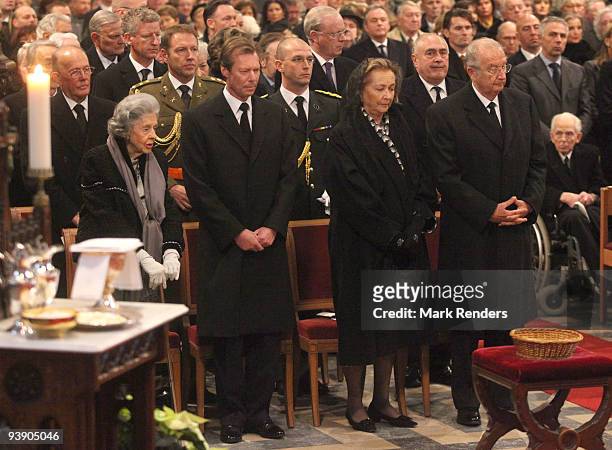 Queen Fabiola of Belgium, Grand Duke Henri of Luxembourg and Queen Paola of Belgium and King Albert of Belgium attend the funeral of Prince Alexandre...