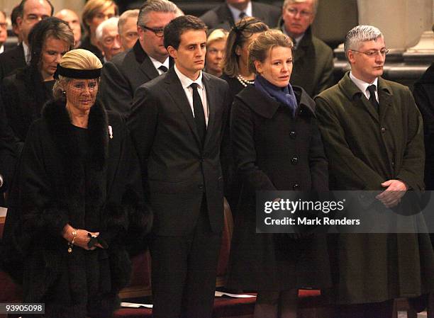 Princess Leah of Belgium and Renaud Bichara and Laetitia Bichara and Didier Magnant attend the funeral of Prince Alexandre of Belgium at Eglise...