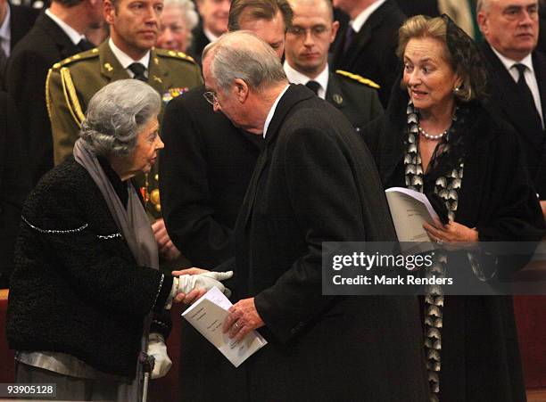 Queen Fabiola of Belgium and King Albert of Belgium and Queen Paola of Belgium attend the funeral of Prince Alexandre of Belgium at Eglise Notre-Dame...