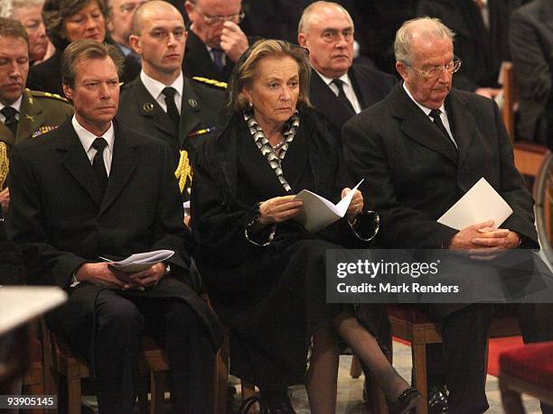 Grand Duke Henri of Luxembourg and Queen Paola of Belgium and King Albert of Belgium attend the funeral of Prince Alexandre of Belgium at Eglise...