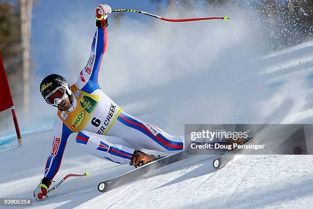 Adrien Theaux of France skis the downhill portion of the Men's FIS Alpine World Cup Super Combined on the Birds of Prey course on December 4, 2009 in...