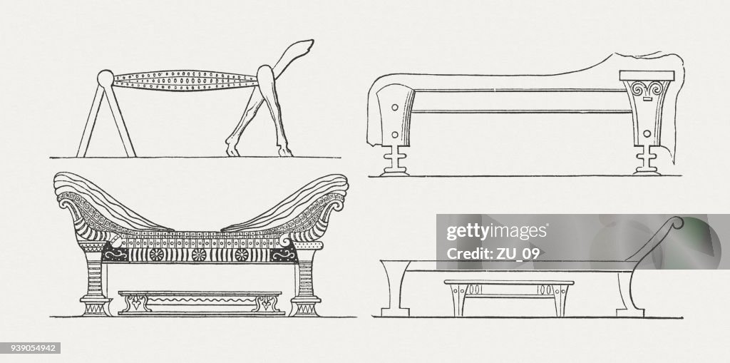 Historic beds from antiquity, wood engravings, published in 1897