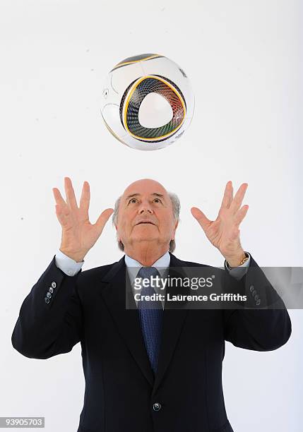 President of FIFA Sepp Blatter presents the official match ball for the FIFA World Cup 2010 on December 4, 2009 in Cape Town, South Africa.