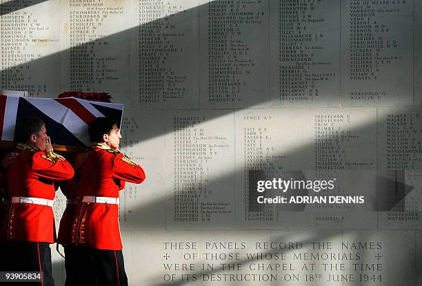 The coffin of Darren Chant, Regimental Sergeant Major, 1st Battalion Grenadier Guards, is carried out of the Royal Military Chapel at Wellington...