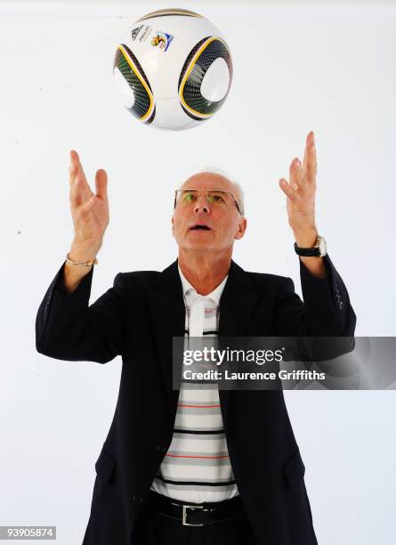 Franz Beckenbauer presents the official match ball for the FIFA World Cup 2010 on December 4, 2009 in Cape Town, South Africa.