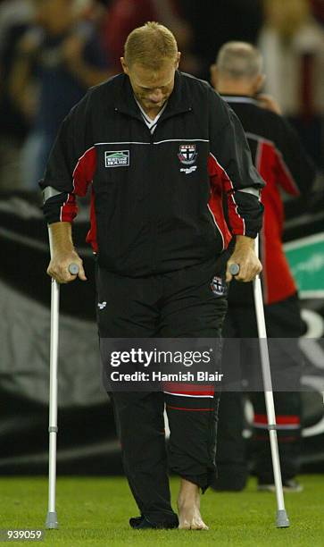 Nathan Burke for St Kilda on crutches at three quarter time, during the Round 3 AFL Match between the St Kilda Saints and the Port Adelaide Power,...
