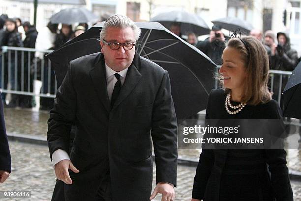 Belgium's Prince Laurent and Princess Claire arrive for the funeral ceremony of Prince Alexandre of Belgium, the half-brother of King Albert II and...