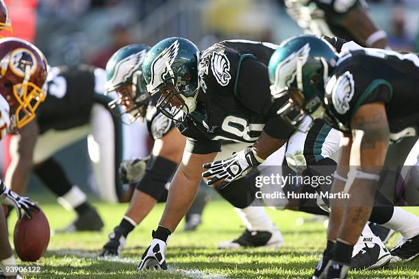 Defensive tackle Mike Patterson of the Philadelphia Eagles lines up at scrimmage during a game against the Washington Redskins on November 29, 2009...