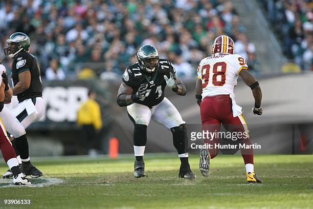 Offensive tackle Jason Peters of the Philadelphia Eagles pass blocks during a game against the Washington Redskins on November 29, 2009 at Lincoln...