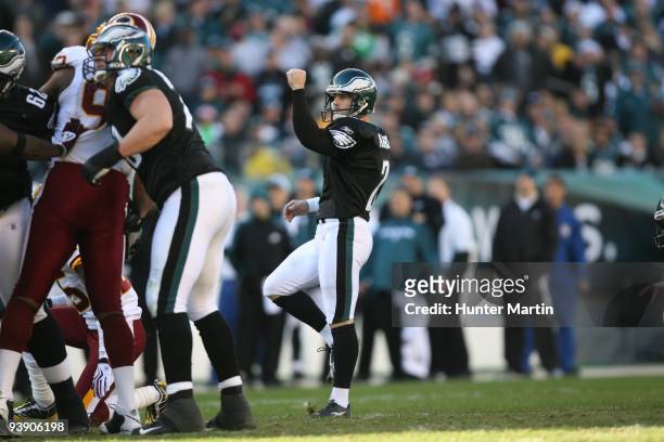 Place kicker David Akers of the Philadelphia Eagles reacts after kicking a field goal during a game against the Washington Redskins on November 29,...