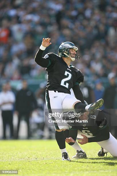 Place kicker David Akers of the Philadelphia Eagles kicks a field goal during a game against the Washington Redskins on November 29, 2009 at Lincoln...