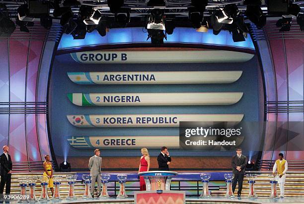In this handout photo provided by the 2010 FIFA World Cup Organising Committee, Group B, showing Argentina, Nigeria, Korea Republic, Greece, during...