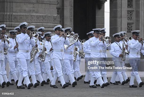 Indian Navy personnel practice for Navy Day celebrations near the Gateway of India in Mumbai on Thursday, December 3, 2009. Navy Day is celebrated on...