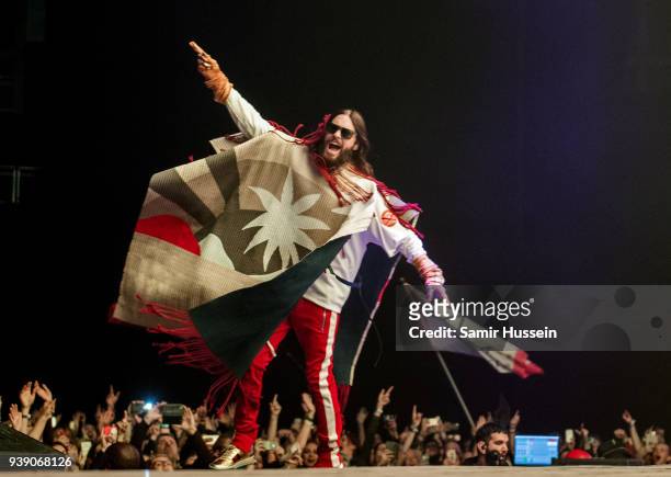 Jared Leto of Thirty Seconds To Mars performs at the O2 Arena on March 27, 2018 in London, United Kingdom.