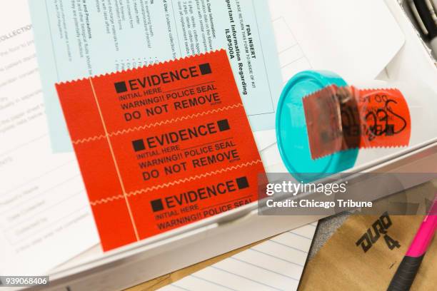 Police seals to protect evidence are shown in a rape kit during Sexual Assault Nurse Examiner training on Friday, February 16, 2018 at West Suburban...